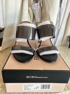 BCBGeneration Black Smoke Patent Two-Band Slide Heels